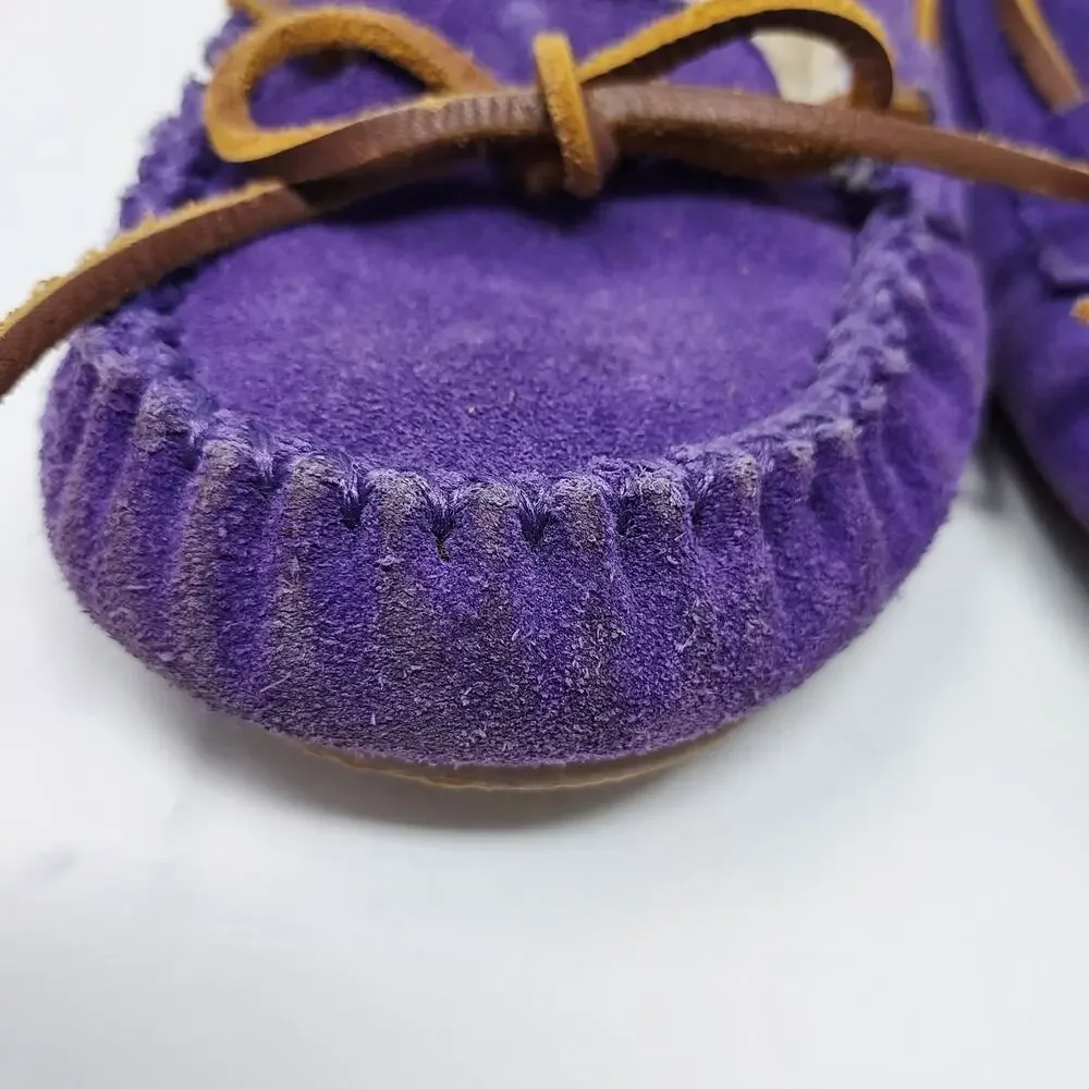 Minnetonka Purple Leather Moccasins Faux Fur Lining Size 2